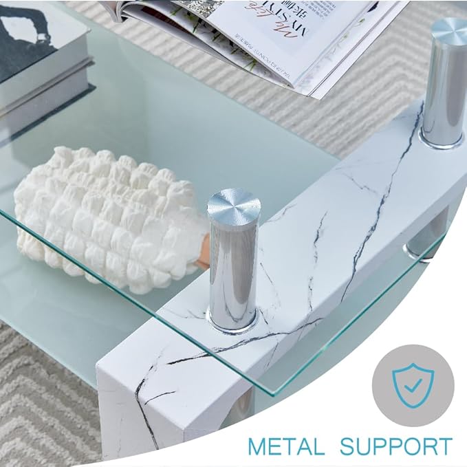 Living Room Rectangle Coffee Table, Tea Table Suitable for Waiting Room, Modern Side Coffee Table with Wooden Leg, Glass Tabletop with Lower Shelf, Marble
