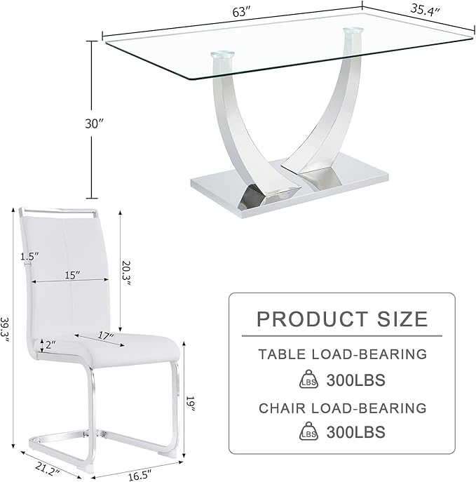 63” Dining Set Table and 4 Chairs,Glass Dining Table Set for 4, Tempered Glass Kitchen Table and PU Leather Chairs, Chrome Silver Dining Room Table Set for4
