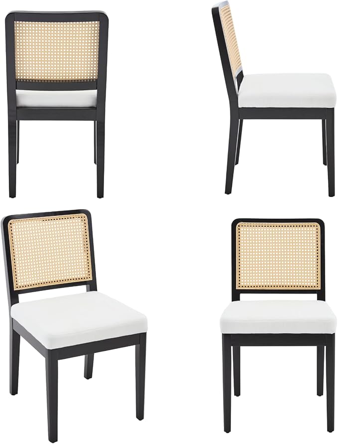 LukeAlon Farmhouse Rattan Dining Chairs Set of 2, Mid Century Modern Linen Kitchen & Dining Chairs with Solid Wood Legs, Woven Cane Upholstered Kitchen Chairs Side Chairs for Dining Room, Beige