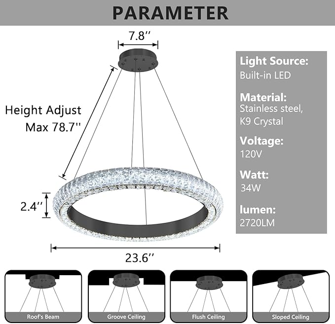 24" Ring Modern LED Dimmable Crystal Chandelier Adjustable Height Pendant Light Round Crystal Chandelier Light Fixtures for Dining Room Living Room Kitchen Island Black