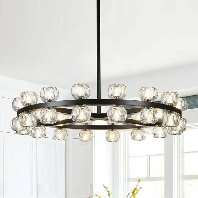 35" Round Crystal Chandelier, 32 Lights Black Chandeliers for Dining Room, Modern Chandelier Light Fixture with Crystal Shades for Living Room