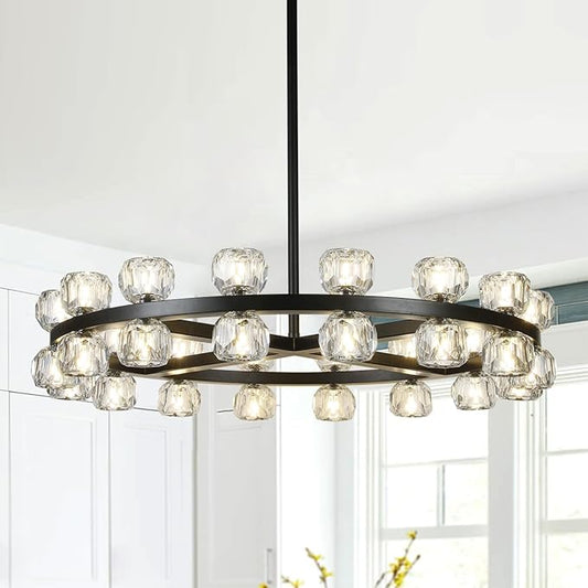35" Round Crystal Chandelier, 32 Lights Black Chandeliers for Dining Room, Modern Chandelier Light Fixture with Crystal Shades for Living Room