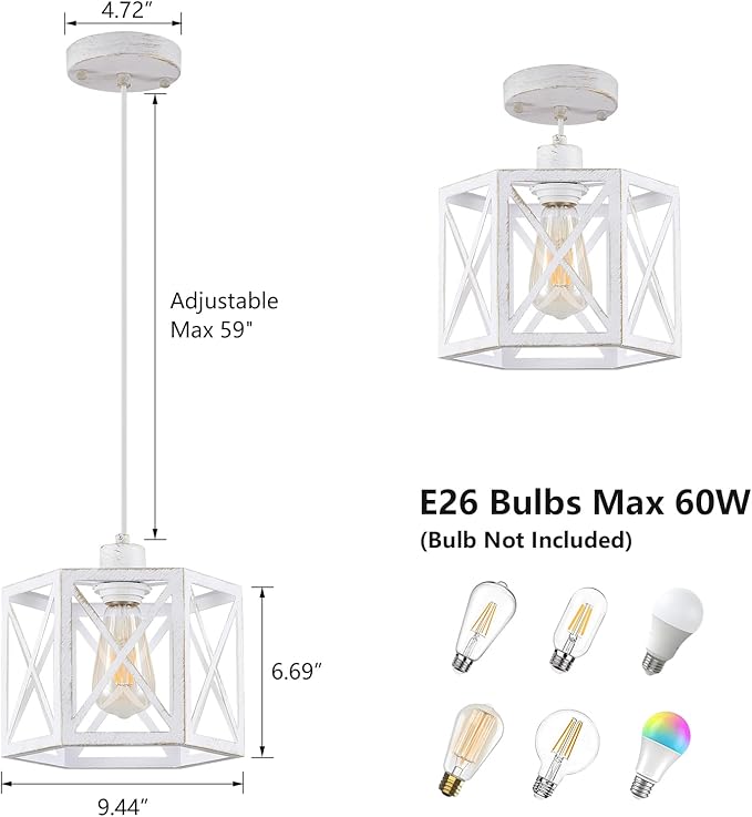 2 Pack Pendant Lights for Kitchen Island, Modern Pendant Lighting with White Hexagonal Cage, Vintage Metal Ceiling Lights, Adjustable Lantern Hanging Light Fixture for Foyer Entryway Bedroom