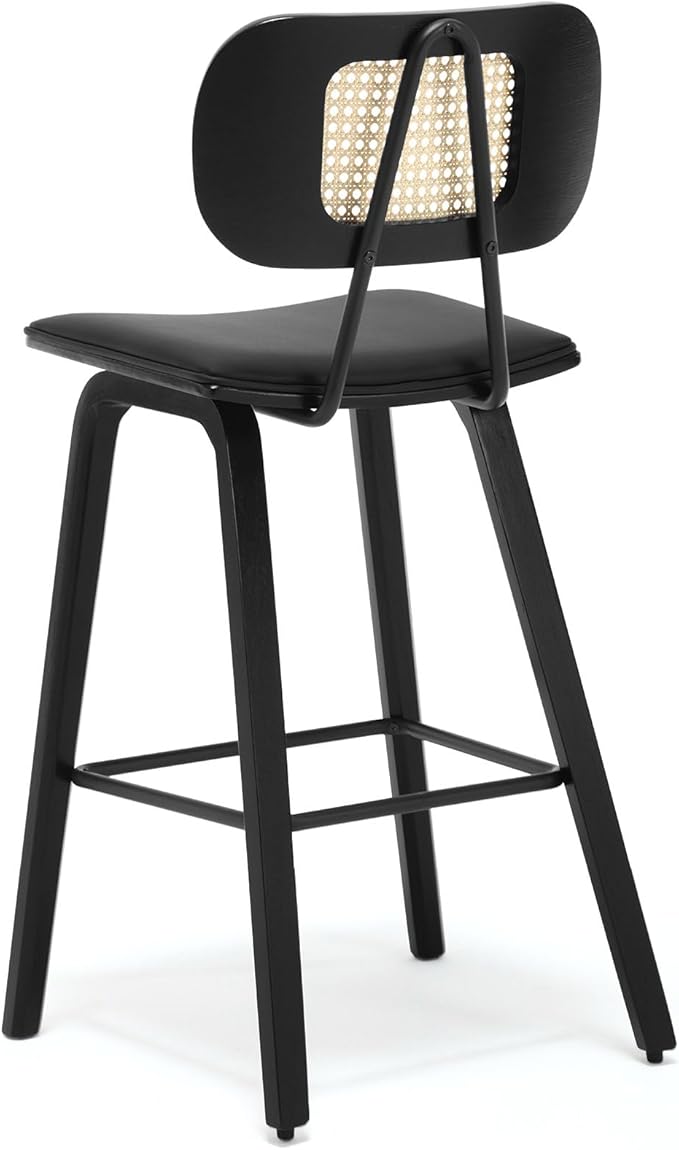 Counter Height Bar Stools, 26" PU Leather Upholstered Rattan Barstools, Mid Century Modern Bar Chairs with Black Wood Legs, Armless Walnut Kitchen Island Dining Bar Chair, Black