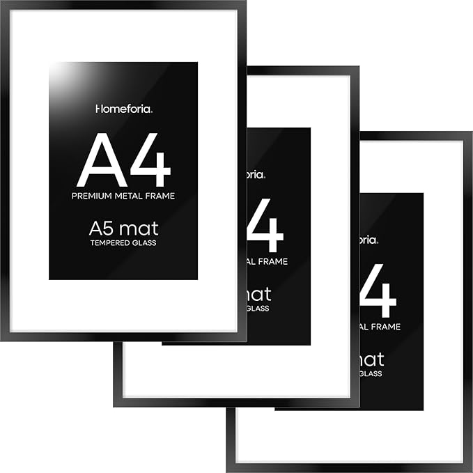 Homeforia A4 Picture Frame Black, High End Metal 8.3 x 11.7 Frames for Wall, A4 Photo Frame with Mat for A5 inch Print, 8.25 by 11.75 Black Poster Frames, 8.3x11.7 Frame with Glass, Wall Kit, Set of 3