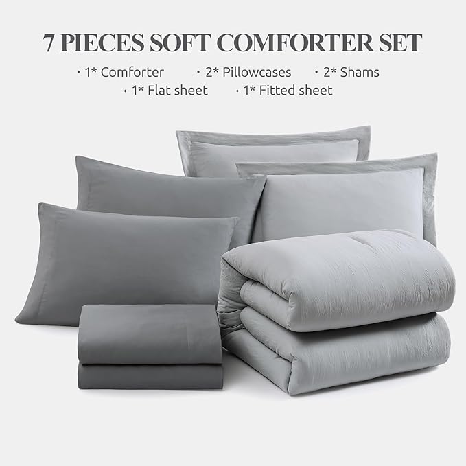 WRENSONGE Light Grey King Comforter Set, 7 Pieces Soft Microfiber King Size Comforter with Fitted Sheet, Flat Sheet, 2 Pillow Shams, and 2 Pillowcases- Warm King Bedding Set for All Season