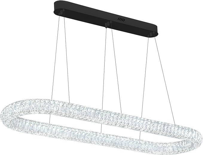 Oval Crystal Chandelier, 47.2'' Black Crystal Ring Pendant Light for Kitchen Island Modern Linear Oval Chandeliers for Dining Room Dimmable 3000K-6000K