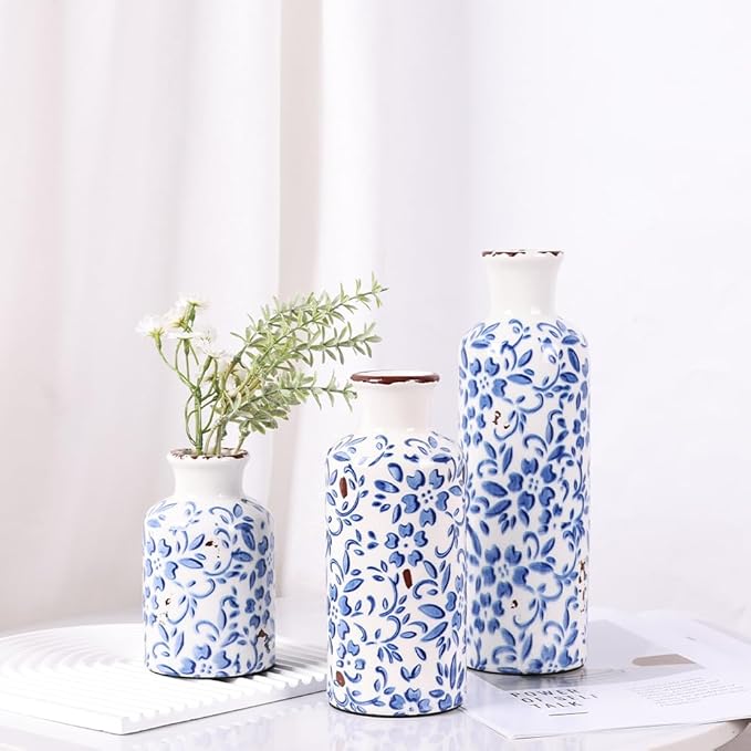 Blue and White Ceramic Vase Set of 3 – Vintage Floral Porcelain Pottery Vases, Rustic Decorative Vases for Flowers, Farmhouse Chinoiserie Home Decor, Table, Mantel, Living Room & Shelf Centerpieces