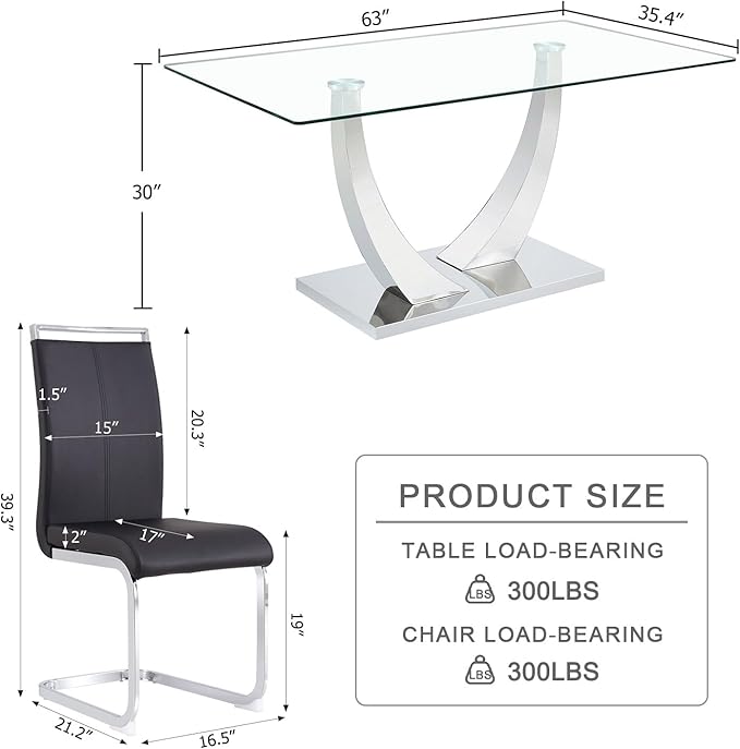 63” Glass Dining Table Set for 4,Modern Dining Room Table Set for 4, Kitchen Table and PU Leather Chairs, Dinner Table with Rectangle Tempered Glass Top and Chrome Silver Base