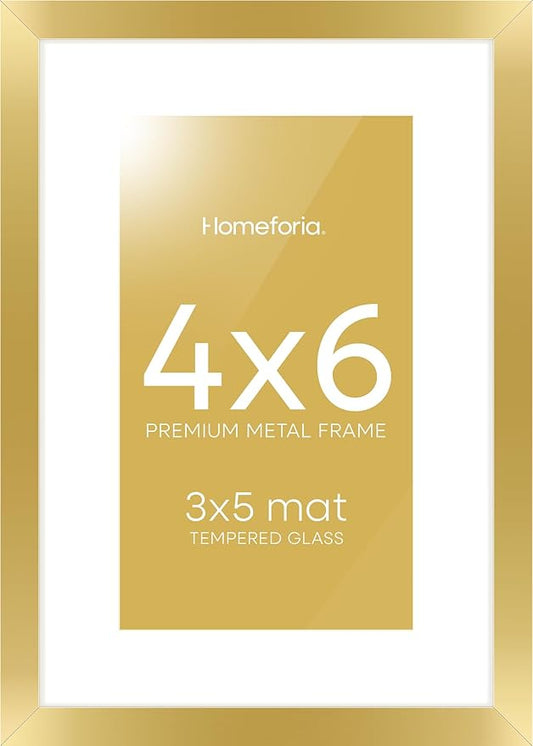 Homeforia 4x6 Picture Frame Gold, High End Metal 4 x 6 Gold Frames with Mat 3 x 5 for Print, 4by6 Desk Frame Matted to 3x5 inch Photo, 4 by 6 Wall or Tabletop Frame, Tempered Glass, Wall Kit, Set of 1