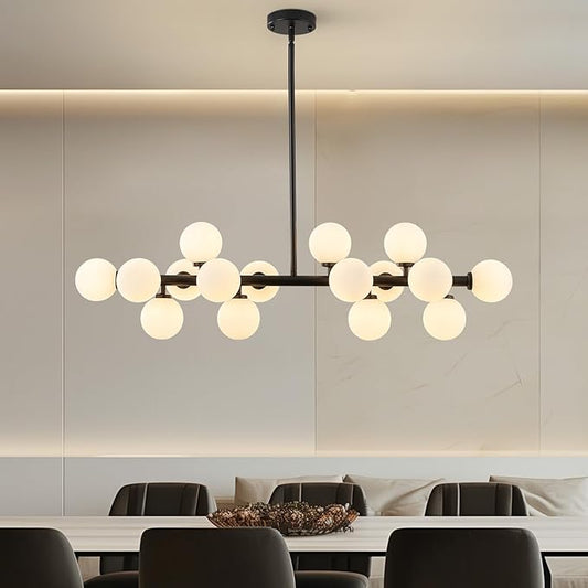 Glass Globe Sputnik Chandelier, 16-Light Mid Century Modern Light Fixture Over Table, Linear Chandeliers for Dining Room, Kitchen Island, Black and Milk White Bubble, 40 Inch, GC-02