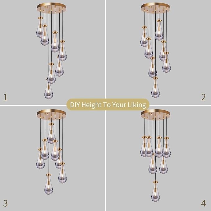7 Light Raindrop Chandeliers, Brass Teardrop Cluster Pendant Lights Kitchen Island, Gold Dining Room Chandeliers Over Table Hanging Pendant Lighting for High Ceiling, Entryway Staircase