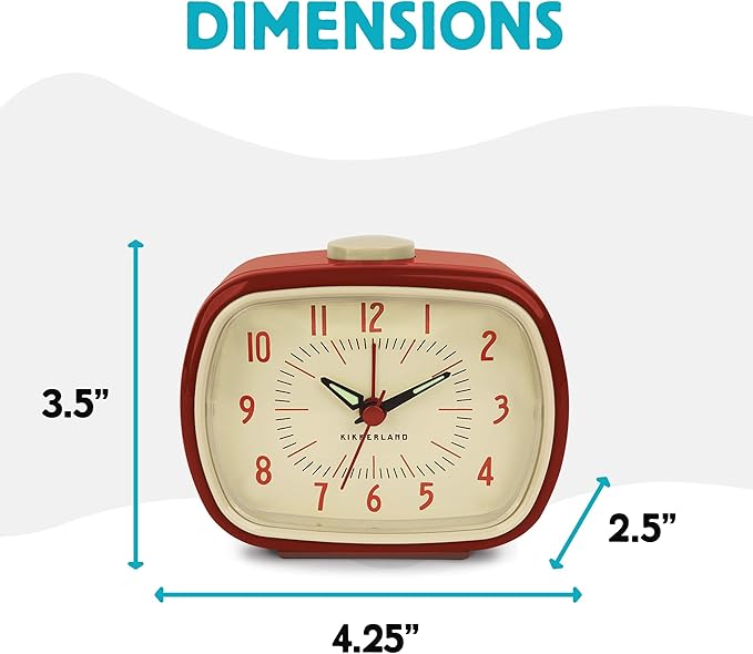 Kikkerland Retro Alarm Clock – Vintage Decor for Bedroom, Nightstand, Living Room, or Office – Battery Operated, Glow in The Dark, Decorative Analog Clock, Red