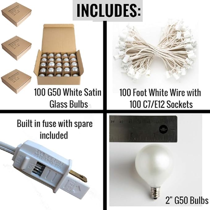 Hometown Evolution, Inc. 100 Foot Outdoor Globe Patio String Lights - Set of 100 G50 White Pearl 2 Inch Bulbs with White Cord