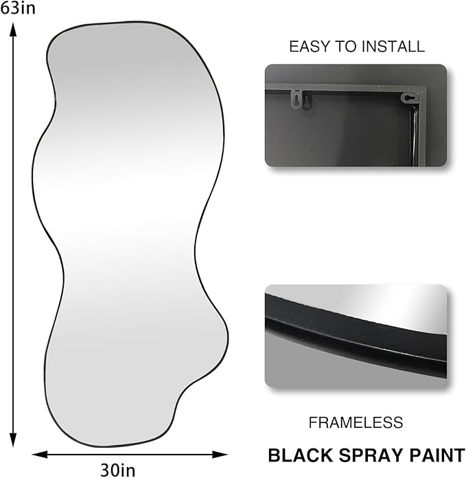 POZINO Irregular Mirror Full Length, Large Asymmetrical Wall Mirror, 63"x30" Wavy Shaped Mirrors, Modern Frameless Decorative Mirrors for Dressing Living Room Bathroom Bedroom Hallway Entryway