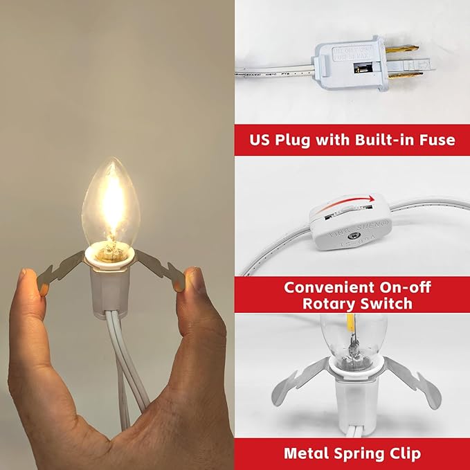 6-Bulb Light Cord for Christmas Village Houses, 12FT Christmas Village Accessories, Clip Light for Blow Mold, Replacement C7 LED Lights with Socket and Switch for Christmas Villages Craft Decoration