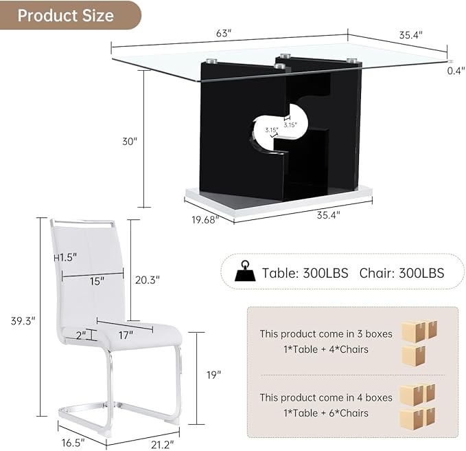 Glass Dining Room Table Set for 6,Dining Table Set for 6 with PU Leather Chairs,Retangular Dining Table with MDF Table Legs and Sliver Base for Dining Room