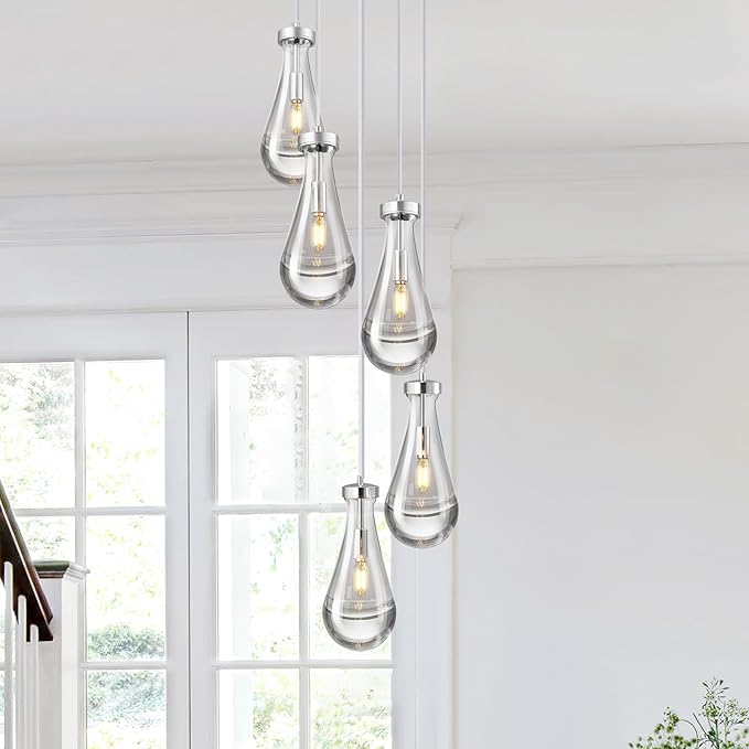 Raindrop Pendant Lights Kitchen Island Teardrop Chrome Hanging Light Fixtures Clear Solid Glass Pendant Light Modern Chandeliers for Dining Room Porch Corridor Living Room(5-Light)