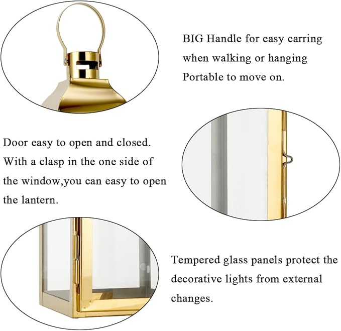 JHY DESIGN 15" H Stainless Steel Decorative Candle Lanterns with Tempered Glass Vintage Elegance for Indoor Outdoor Events Parties and Weddings(Gold)