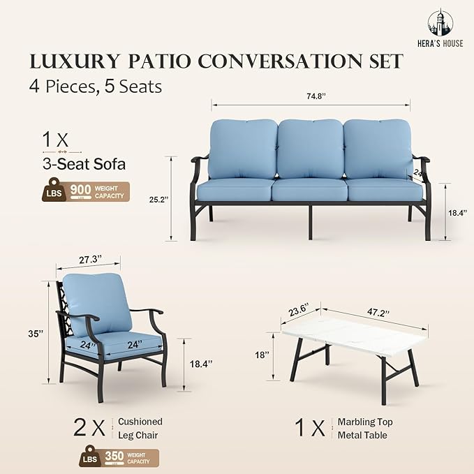 HERA'S HOUSE 4 Piece Patio Furniture Set, 2 x Metal Frame Cushioned Chair, 3-Seat Sofa with Marbling Coffee Table, All Weahter Outdoor Conversation Set for Lawn Garden Backyard, Blue