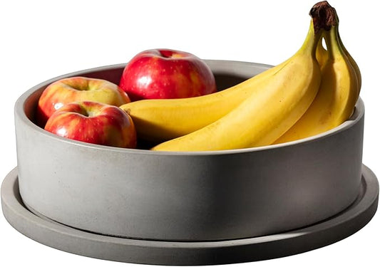 Simon Brothers Concrete Fruit Bowl with Tray for Kitchen Counter - Large Decorative Bowls for Home Decor - Modern Key Bowl for Entryway Table - Key Holder and Vanity Tray