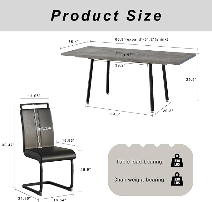 5 Piece Dining Table Set for 4-6,55-71" Extendable Dining Table Set with 4 Upholstered Chairs,Rectangle Kitchen Table Set for Small Space,Dining Room and Office,Grey