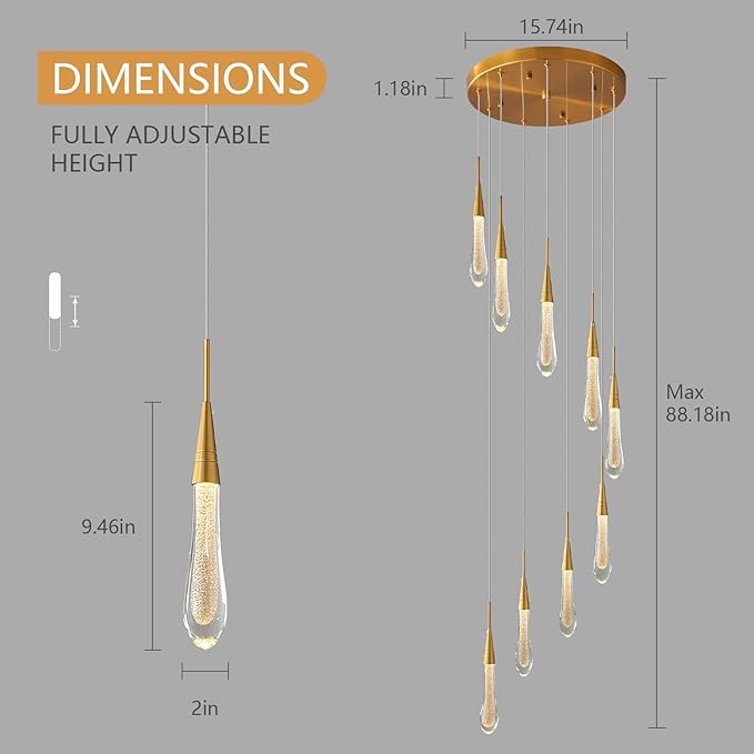 LMQNINE 9 Light Modern Crystal Chandelier Dimmable LED Gold Ceiling Light Crystal Bubble Pendant Lights Living Room Lobby 45W Staircase Chandeliers