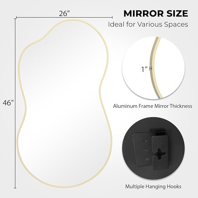 WallBeyond Gold Irregular Wall Mirror, Modern Asymmetrical Mirror with Aluminum Frame for Bedroom, Bathroom, Living Room, and Entryway 46" H x 26" W (Gold)