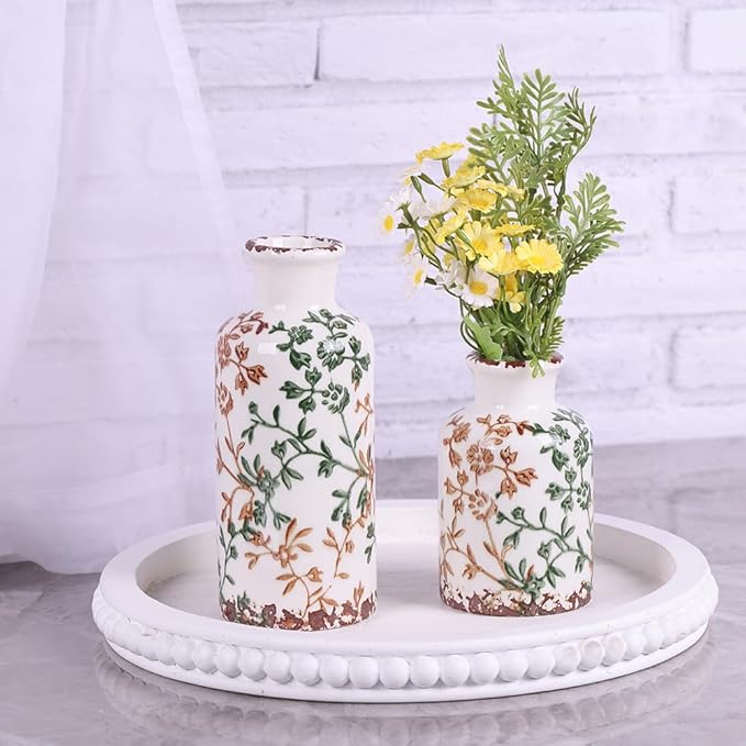 Farmhouse Vase for Home Decor, Ceramic vase Set of 3. Vintage Flower Vase Suitable for Home Decor, Living Room, Shelf Decor, Dining Table Decor (Green and Orange)