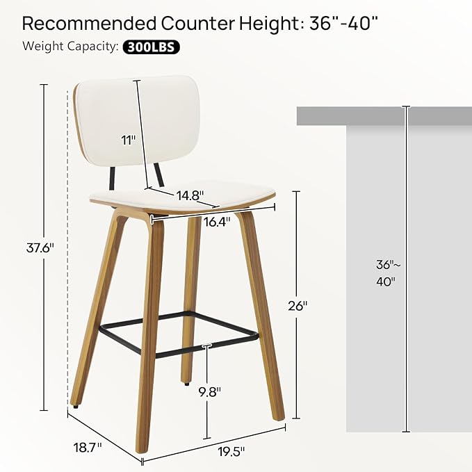 Counter Height Bar Stools, PU Leather Upholstered Barstools with Backs, Bent Wood Legs, 26 Inch Seat Height, Mid Century Modern Counter Stools for Kitchen Island, Cream White