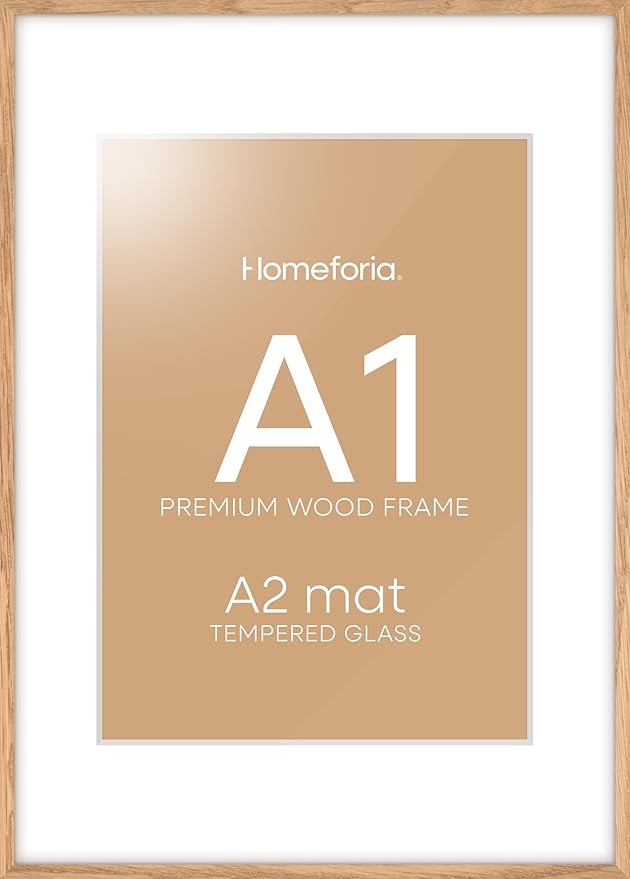 Homeforia A1 Poster Frame Natural Wood, High End Oak 23.4 x 33.1 Large Wooden Picture Frames Matted to 16.5 by 23.4 for Photo, A1 Size Light Wood Frames with Mat A2, Tempered Glass, Wall Kit, Set of 1
