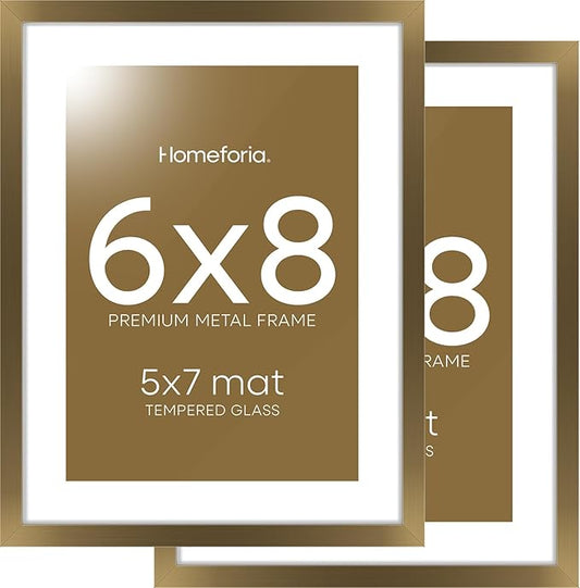 Homeforia 6x8 Picture Frame Bronze, High End Metal 6 x 8 Brass Frames with Mat 5 x 7 for Art, 6x8 Desk Frame Matted to 5x7 inch Photo, 6 by 8 Wall or Tabletop Frame, Tempered Glass, Wall Kit, Set of 2