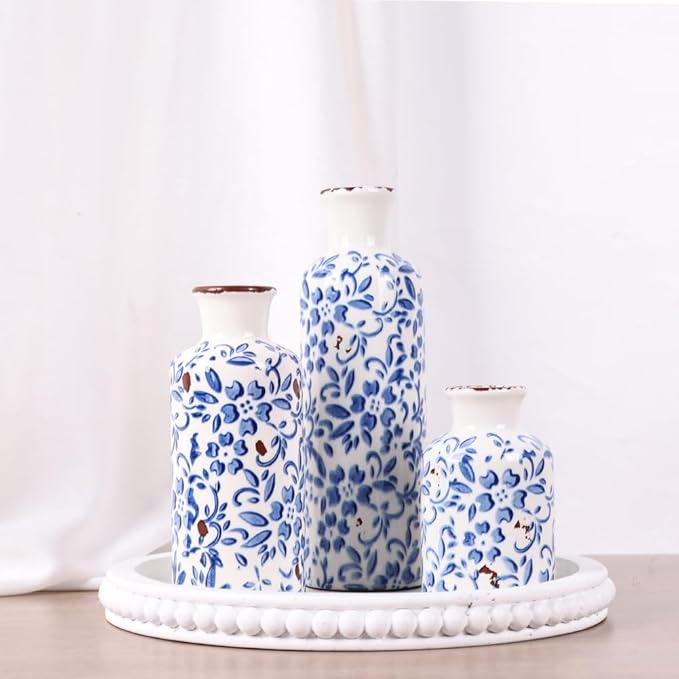 Blue and White Ceramic Vase Set of 3 – Vintage Floral Porcelain Pottery Vases, Rustic Decorative Vases for Flowers, Farmhouse Chinoiserie Home Decor, Table, Mantel, Living Room & Shelf Centerpieces