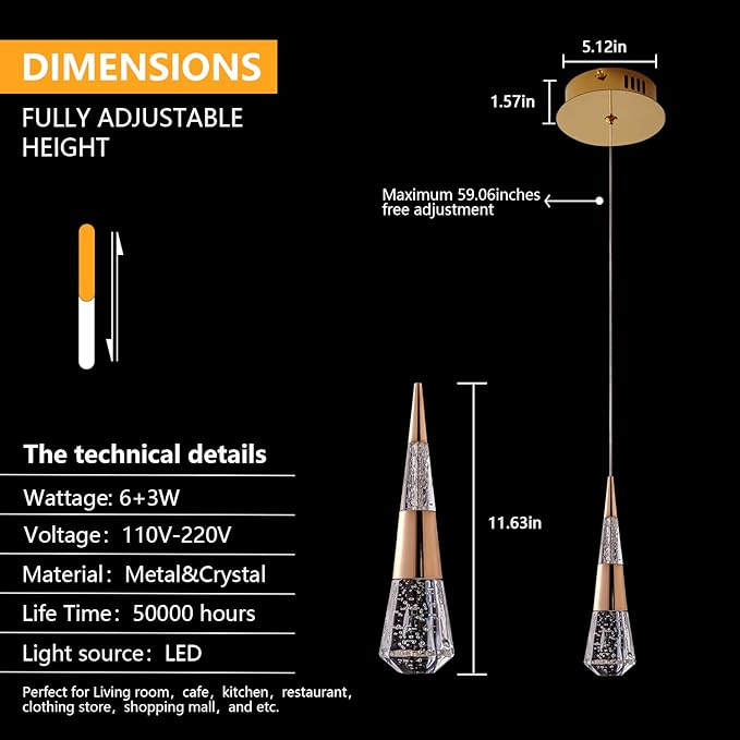 Pendant Light Kitchen Island, Modern Led Pendant Light Kitchen Light Fixture,Luxury Mini Meteor Shower-Style Gold Led Chandelier for Dinning Room, Adjustable Cord Ceiling Hanging