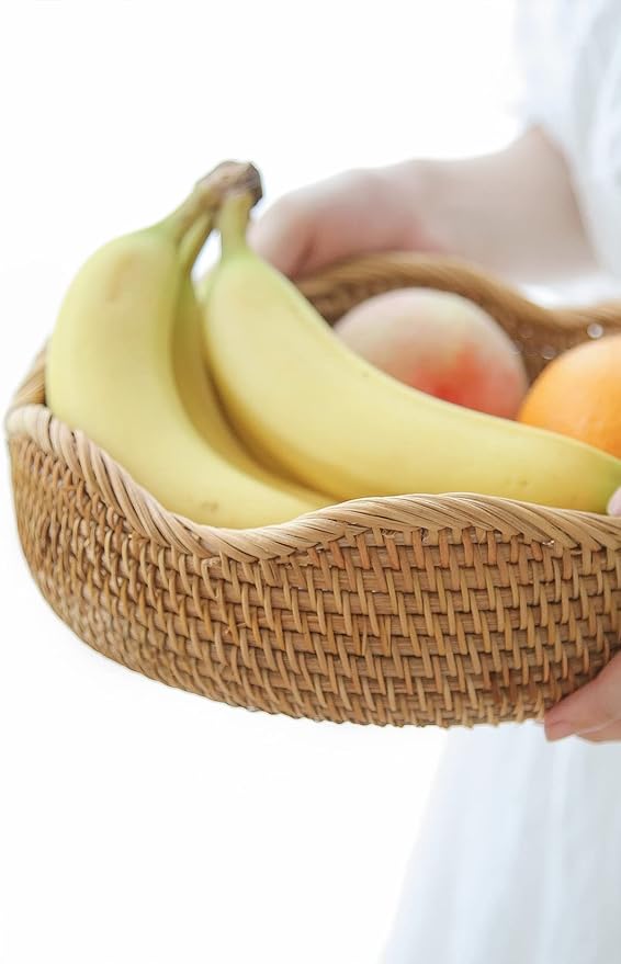 HITOMEN Handmade Rattan Bread Baskets Round Wicker Fruit Serving Storage Bowls, Natural Woven Decorative Kitchen Counter Organizing (Honey Brown) M-10.2"