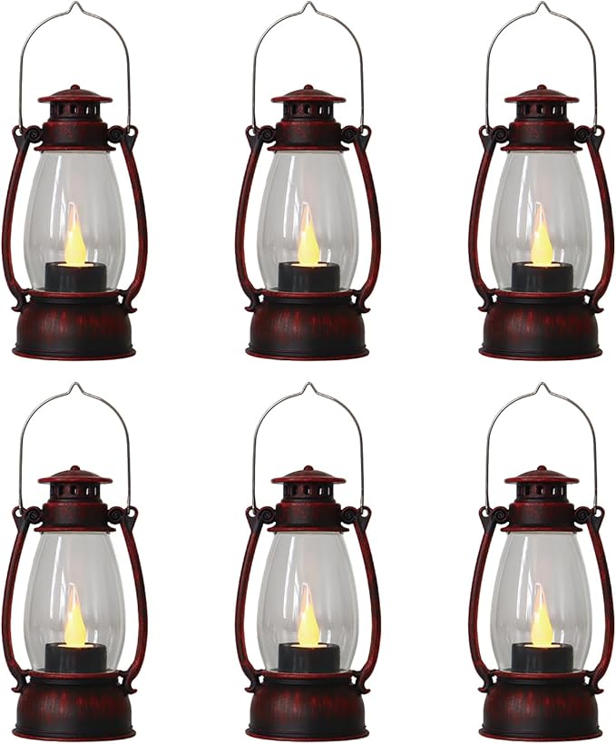 Red Painted Mini Lanterns 6-Pack - LED Flickering Candle Lanterns for Christmas & New Year, Valentine's, Wedding, Halloween & Western Party Decor, Table Centerpieces & Cowgirl Party Supplies