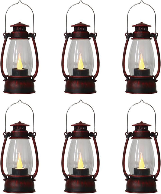 Red Painted Mini Lanterns 6-Pack - LED Flickering Candle Lanterns for Christmas & New Year, Valentine's, Wedding, Halloween & Western Party Decor, Table Centerpieces & Cowgirl Party Supplies