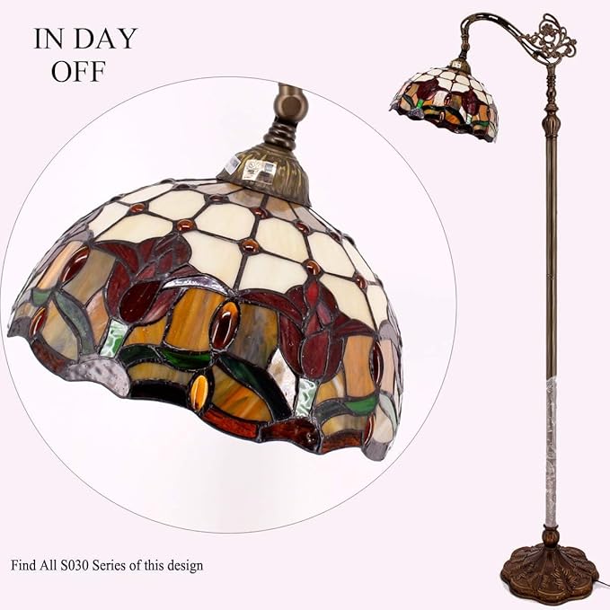 WERFACTORY Tiffany Floor Lamp Red Tulip Flower Stained Glass Arched Lamp 12X18X64 Inches Gooseneck Adjustable Corner Standing Reading Light Decor Bedroom Living Room S030 Series (A)