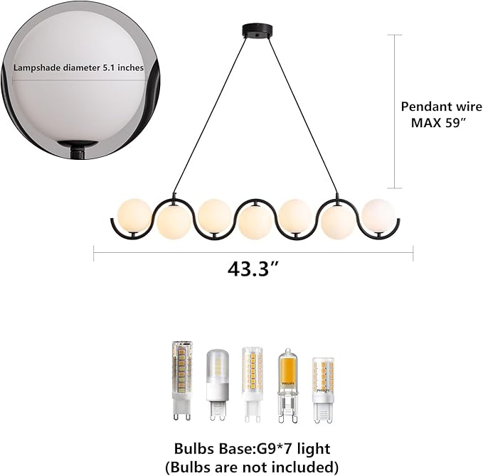 Black Chandelier 7 Light mid-Century Glass Bubble Chandeliers Globe Pendant Light Linear Dining Room Chandelier for Kitchen Island Living Room,Bedroom Room,Hallway.