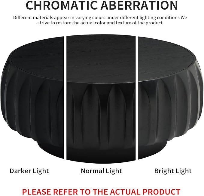 31.5" Drum Coffee Table Modern Round Coffee Table Wood Fluted Centry Table with Solid Wood Veneer for Living Room, Easy Assemble, Black