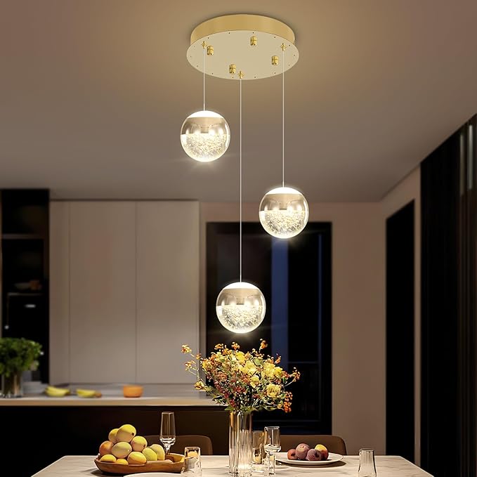 Modern Crystal Pendant Lighting Gold Globe Pendant Light Fixture, Mid Century Chandelier 3-Light Hanging Fixture for Kitchen Island,Globe Chandeliers for Dinning Room Bedroom