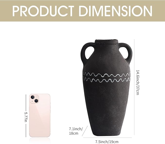 Large Black Ceramic Vase, 14.5" H Farmhouse Rustic Decorative Vase Table Centerpiece, Pottery Terracotta Tall Vases Living Room Bathroom Weddings Decorations