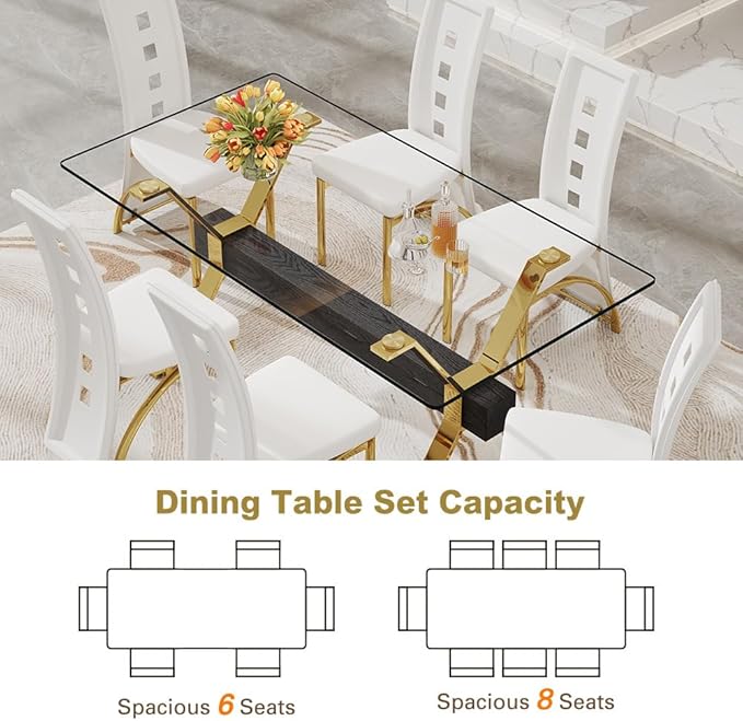 71'' Modern Dining Table Set for 6,7 Piece Glass Dining Table Set with Open‑Frame X‑Shaped Golden Metal Base,Gold Kitchen Table and Chairs Ideal for Dining Room&Home Office