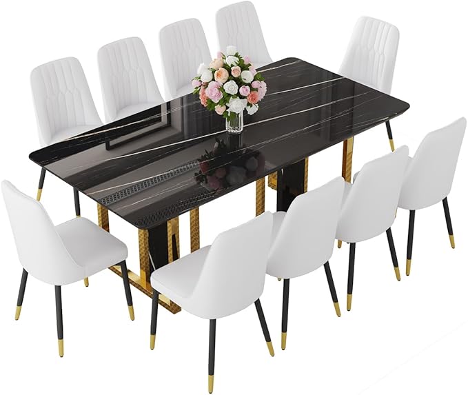 TesNus 79" Black Dining Table Set for 10 with Chairs,Large Faux Marble Kitchen Table and Chairs Set Rectangular 11 Piece Dining Room Set with Gold Metal Legs,Modern Design,Easy Assemble,Stable Base