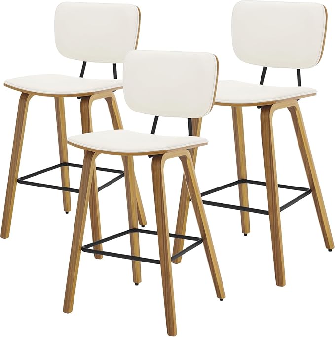 Counter Height Bar Stools Set of 3, PU Leather Upholstered Barstools with Backs, Bent Wood Legs, 26 Inch Seat Height, Mid Century Modern Counter Stools for Kitchen Island, Cream White