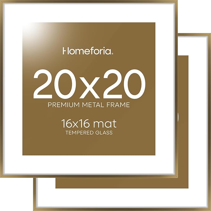 Homeforia 20x20 Picture Bronze Frames, High End Metal 20 x 20 Square Poster Frame with Mat 16 x 16 Photo, 20x20 Brass Frame Matted to 16x16 Print, 20by20 Thin Frames, Tempered Glass, Wall Kit, Set of 3