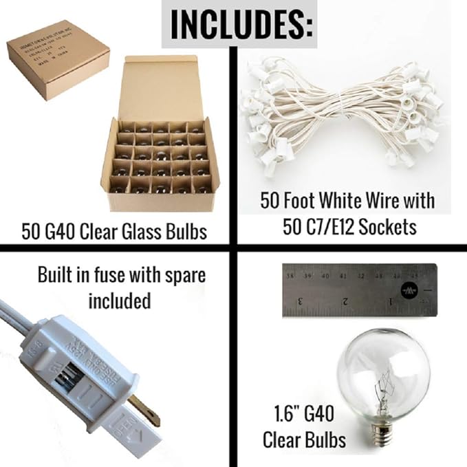 Hometown Evolution, Inc. 50 Foot G40 Globe Patio String Lights with Clear Bulbs (White Wire)
