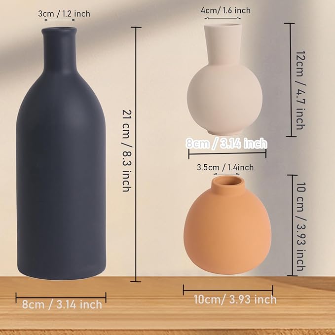 Ceramic Vase Set of 3, Rustic Modern Brown Vases for Bouquet, Fresh or Dried Plants, Home Decor-Modern Decorative Ceramic Flowers Vase for Rustic Home Decor (White-Dark)