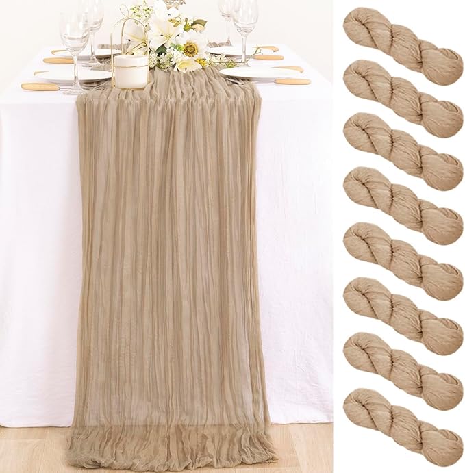 MLMC 8 Pack Nude Cheesecloth Table Runner Boho Rustic Gauze Taupe Cheese Cloth Table Runner 10ft Neutral Home Fall Decor 35x120 Inches for Reception Wedding Bridal Shower Picnic Decor