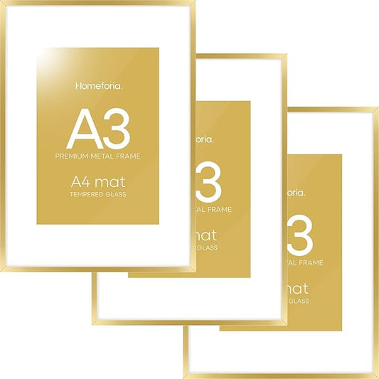 Homeforia A3 Picture Frame Gold, High End Metal 11.7 x 16.5 inch Poster Frames with Mat 8.3 by 11.7 for Photo, A3 Size Frames Matted to A4 Print, 11.7x16.5 Wall Hanging Frame, Tempered Glass, Set of 3
